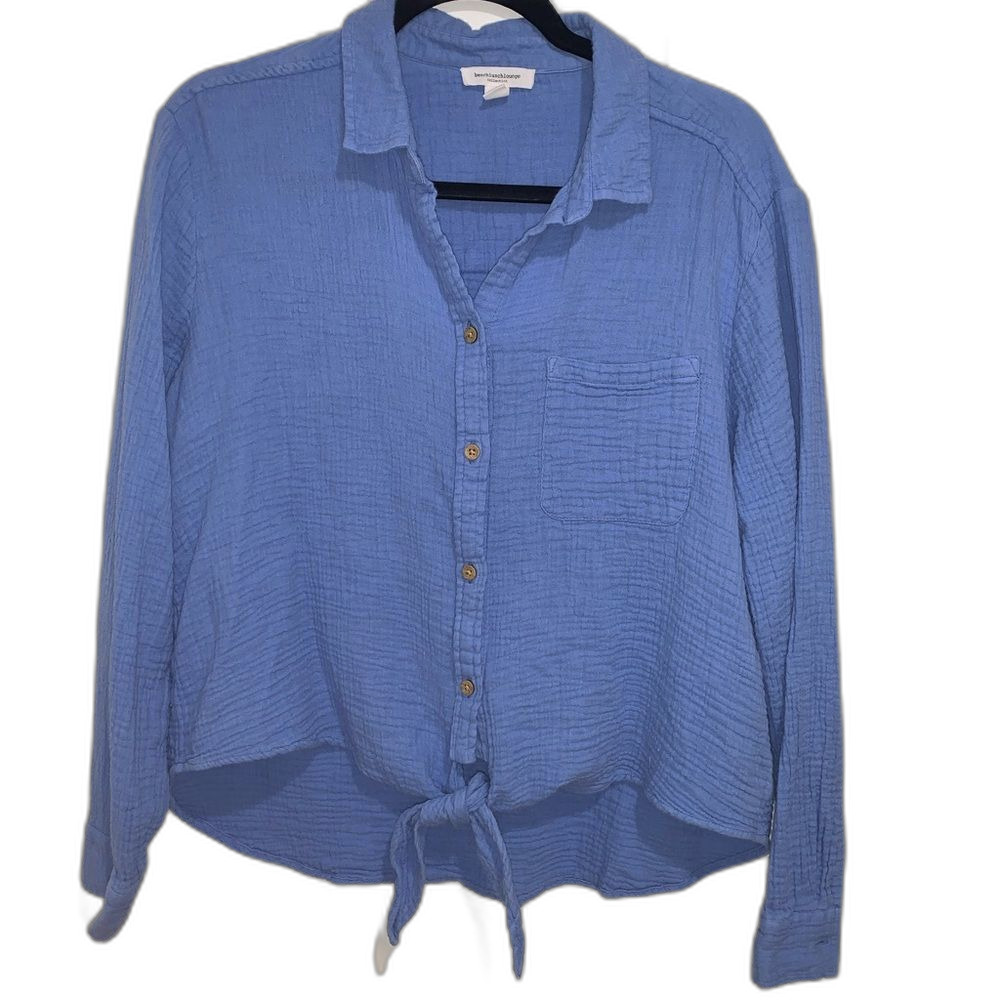 BeachLunchLounge 100% Cotton Women's Blue Button-Down Tie Shirt – Size Large